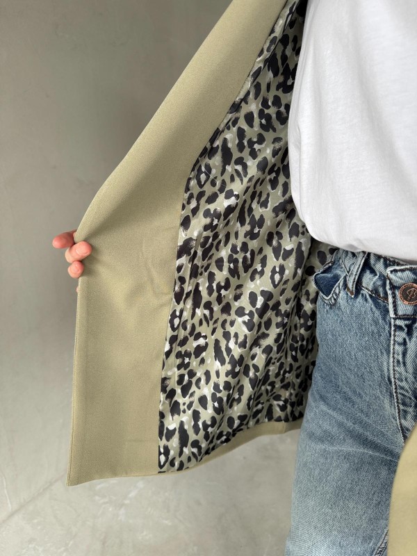 CKT-12435 Mint Yeşili Leopar Astarlı Vatkalı Kruvaze Yaka Blazer Ceket - 2