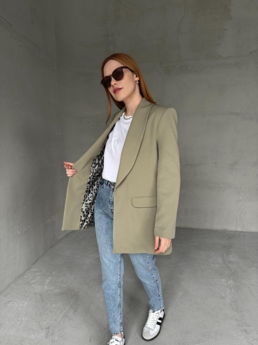 CKT-12435 Mint Yeşili Leopar Astarlı Vatkalı Kruvaze Yaka Blazer Ceket 