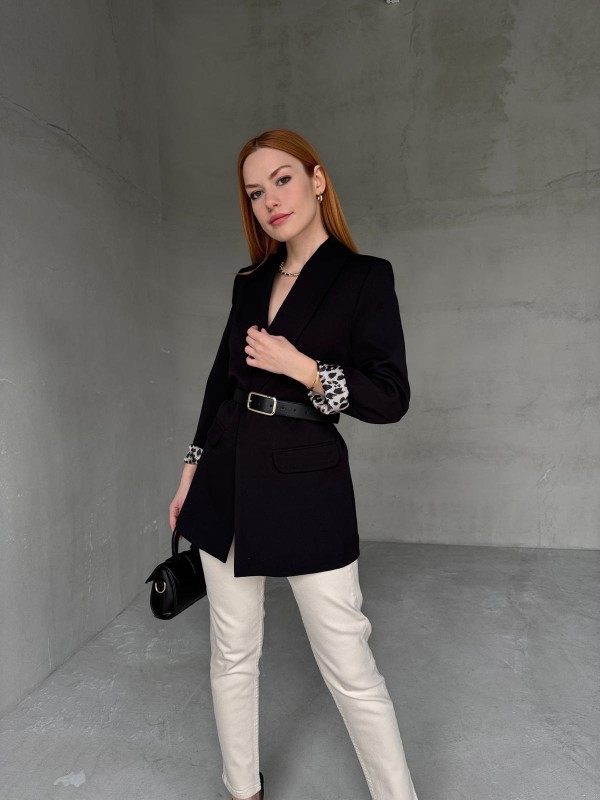 CKT-12435 Siyah Leopar Astarlı Vatkalı Kruvaze Yaka Blazer Ceket - 1