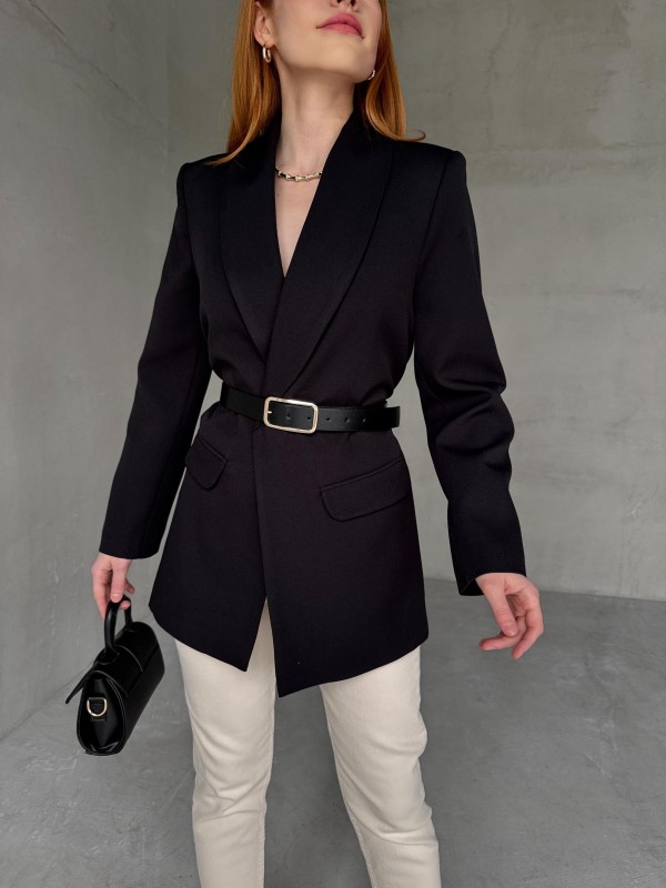 CKT-12435 Siyah Leopar Astarlı Vatkalı Kruvaze Yaka Blazer Ceket - 2