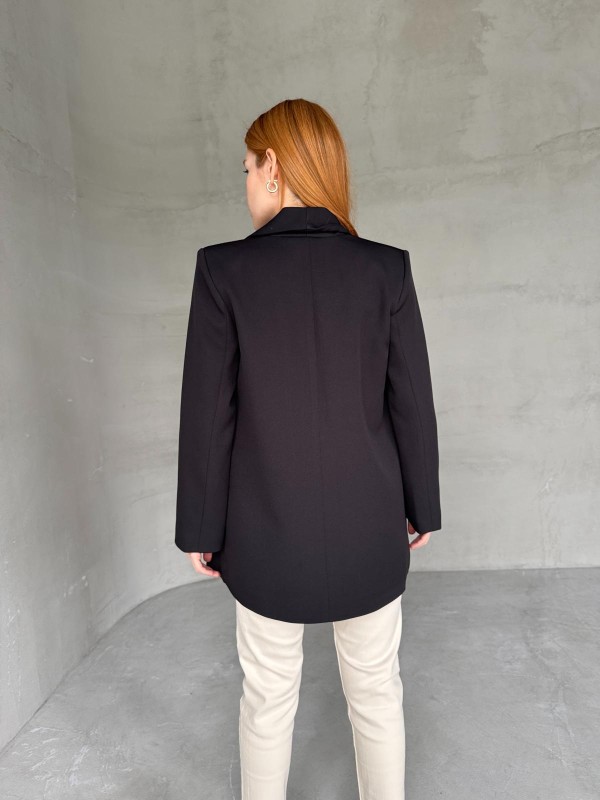 CKT-12435 Siyah Leopar Astarlı Vatkalı Kruvaze Yaka Blazer Ceket - 5