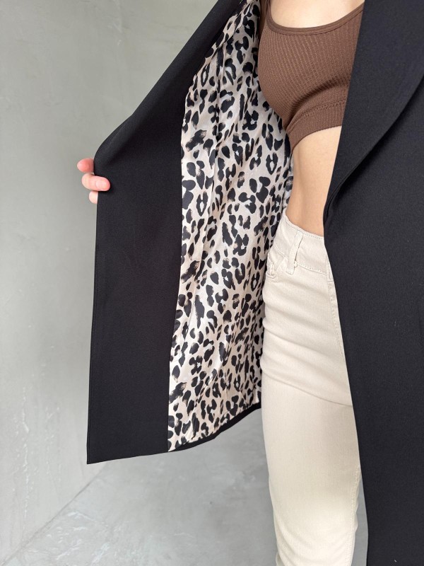 CKT-12435 Siyah Leopar Astarlı Vatkalı Kruvaze Yaka Blazer Ceket - 3