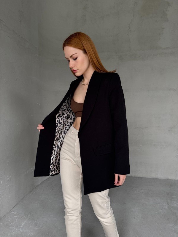 CKT-12435 Siyah Leopar Astarlı Vatkalı Kruvaze Yaka Blazer Ceket - 4