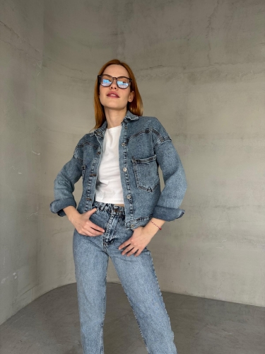 CKT-12436 Açık Mavi Taşlamalı Cep Detaylı Crop Kot Ceket - Cappmoda