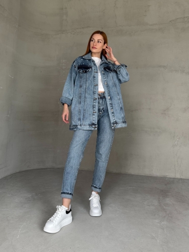 CKT-12438 Mavi Taş İşlemeli Cep Detaylı Boyfriend Kot Ceket - 1