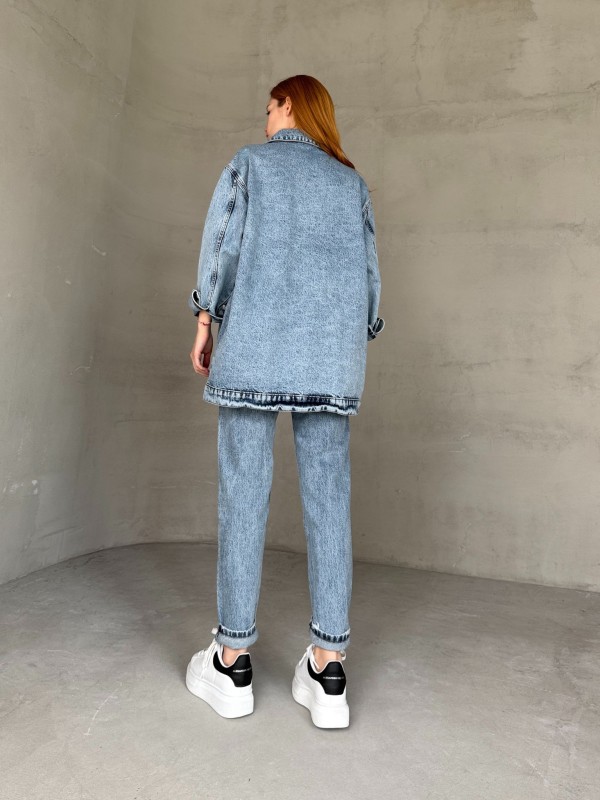 CKT-12438 Mavi Taş İşlemeli Cep Detaylı Boyfriend Kot Ceket - 4