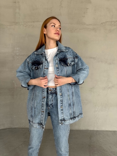 CKT-12438 Mavi Taş İşlemeli Cep Detaylı Boyfriend Kot Ceket - 2