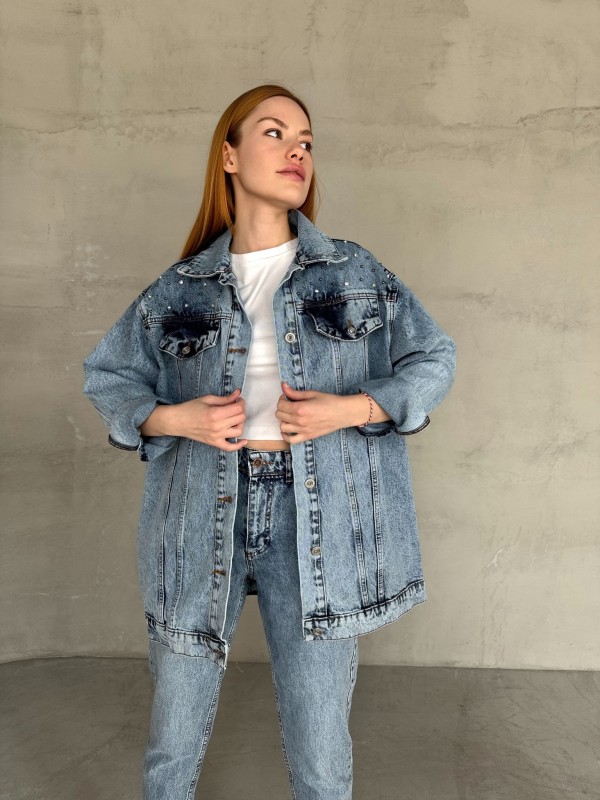 CKT-12438 Mavi Taş İşlemeli Cep Detaylı Boyfriend Kot Ceket - 2