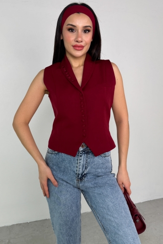 CKT-12442 Bordo Düğme Detay Kruvaze Yaka Astarlı Yelek - Cappmoda