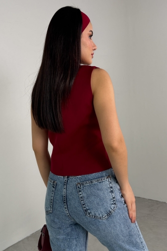 CKT-12442 Bordo Düğme Detay Kruvaze Yaka Astarlı Yelek - Cappmoda (1)