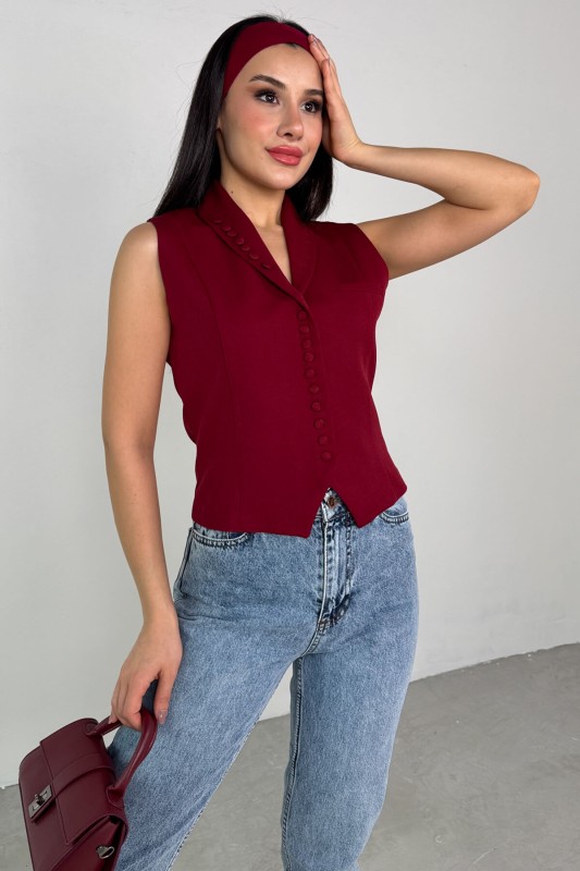 CKT-12442 Bordo Düğme Detay Kruvaze Yaka Astarlı Yelek - 3