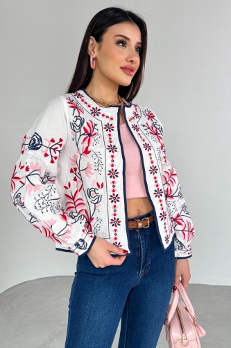 CKT-12443 Beyaz Pembe Çiçek İşlemeli Ceket - 6