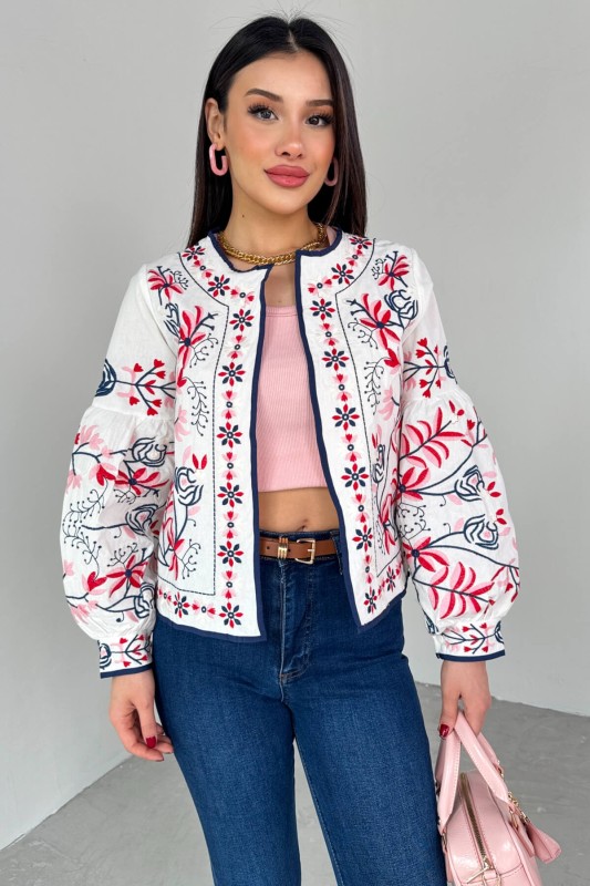 CKT-12443 Beyaz Pembe Çiçek İşlemeli Ceket - 3