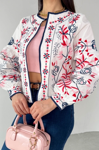 CKT-12443 Beyaz Pembe Çiçek İşlemeli Ceket - 9