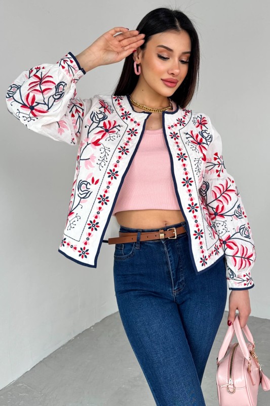 CKT-12443 Beyaz Pembe Çiçek İşlemeli Ceket - 2