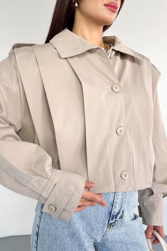 CKT-12452 Krem Vatkalı Pile Detaylı Cropped Trençkot - 2