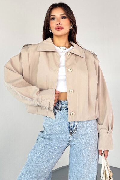 CKT-12452 Krem Vatkalı Pile Detaylı Cropped Trençkot - 1