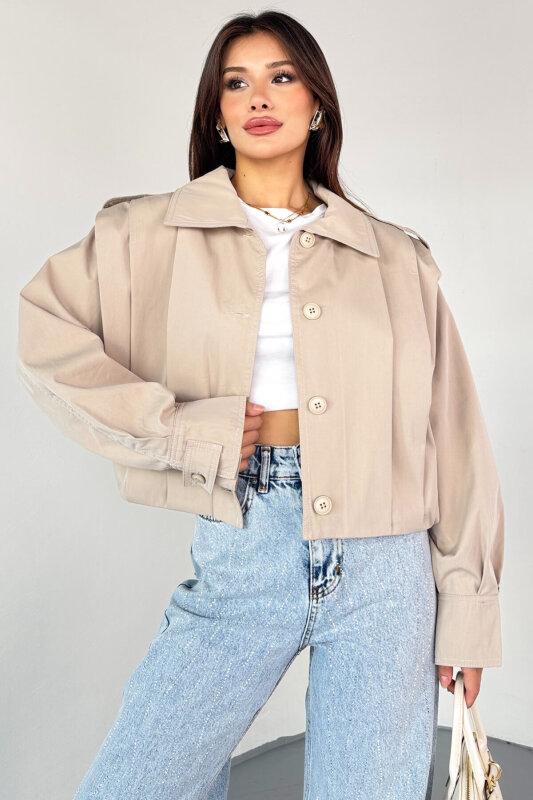 CKT-12452 Krem Vatkalı Pile Detaylı Cropped Trençkot - 1