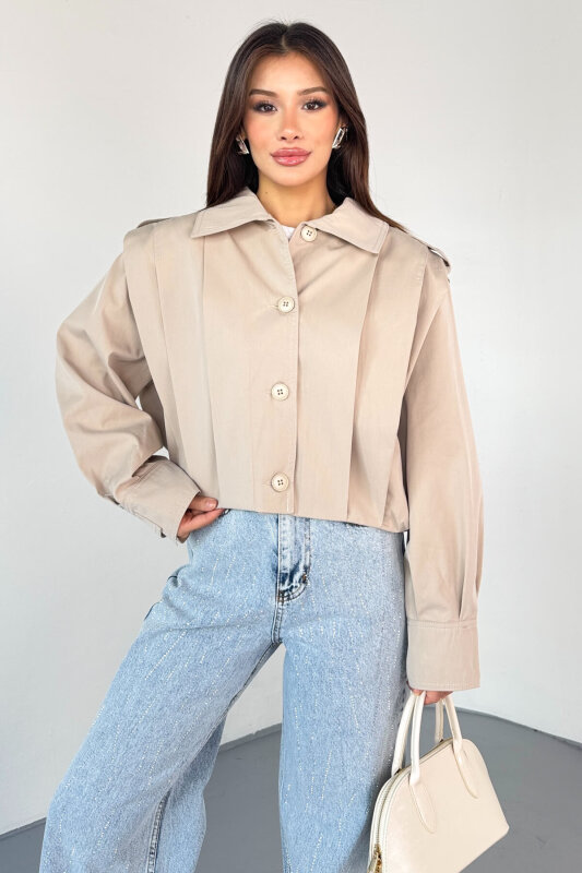 CKT-12452 Krem Vatkalı Pile Detaylı Cropped Trençkot - 3