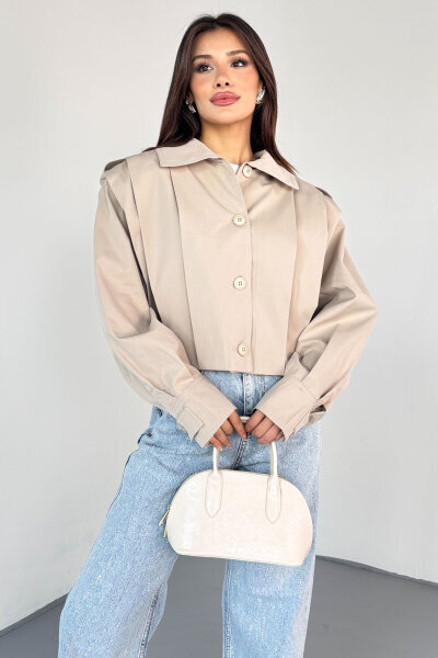 CKT-12452 Krem Vatkalı Pile Detaylı Cropped Trençkot - 4