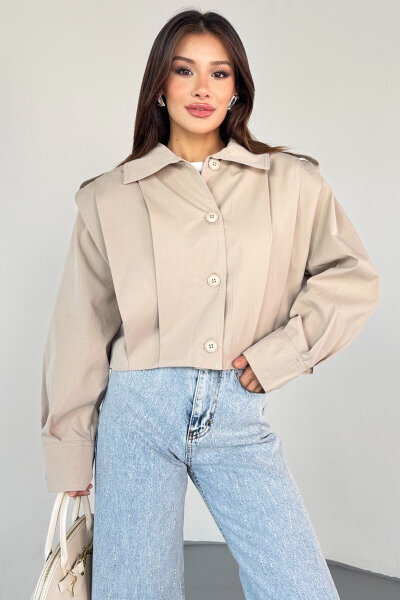 CKT-12452 Krem Vatkalı Pile Detaylı Cropped Trençkot - 5