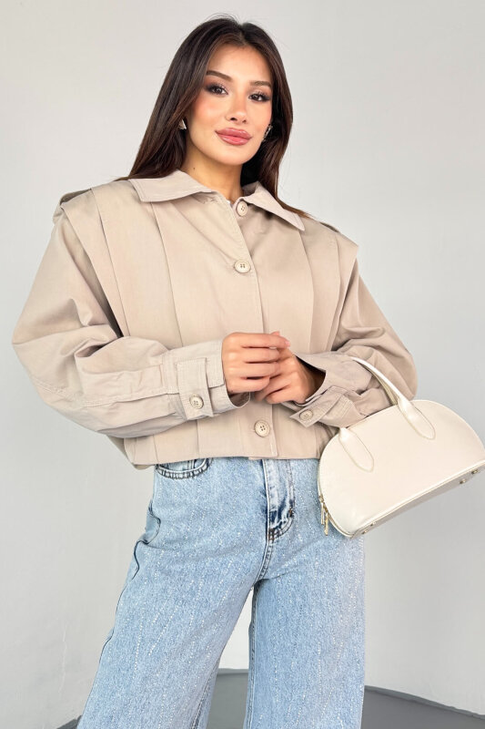 CKT-12452 Krem Vatkalı Pile Detaylı Cropped Trençkot - 6