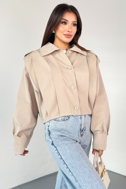 CKT-12452 Krem Vatkalı Pile Detaylı Cropped Trençkot - 7