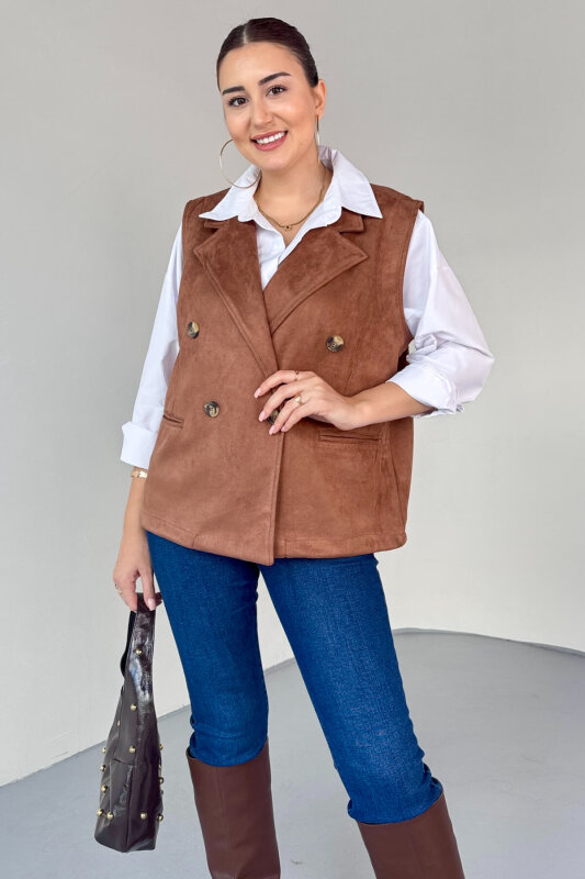 CKT-12454 Taba Nubuk Astarlı Kruvaze Yelek - 1