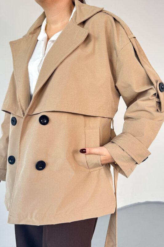 CKT-12457 Bej Omuz Dökümlü Astarlı Oversize Kuşaklı Midi Trençkot - 2