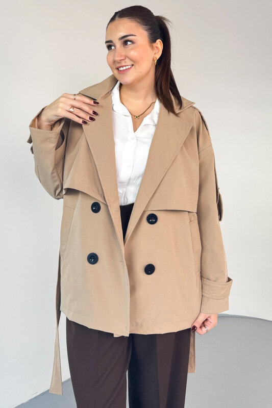 CKT-12457 Bej Omuz Dökümlü Astarlı Oversize Kuşaklı Midi Trençkot - 4