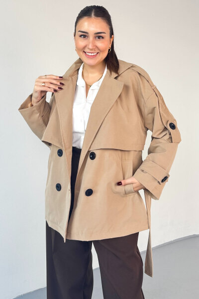 CKT-12457 Bej Omuz Dökümlü Astarlı Oversize Kuşaklı Midi Trençkot - 1