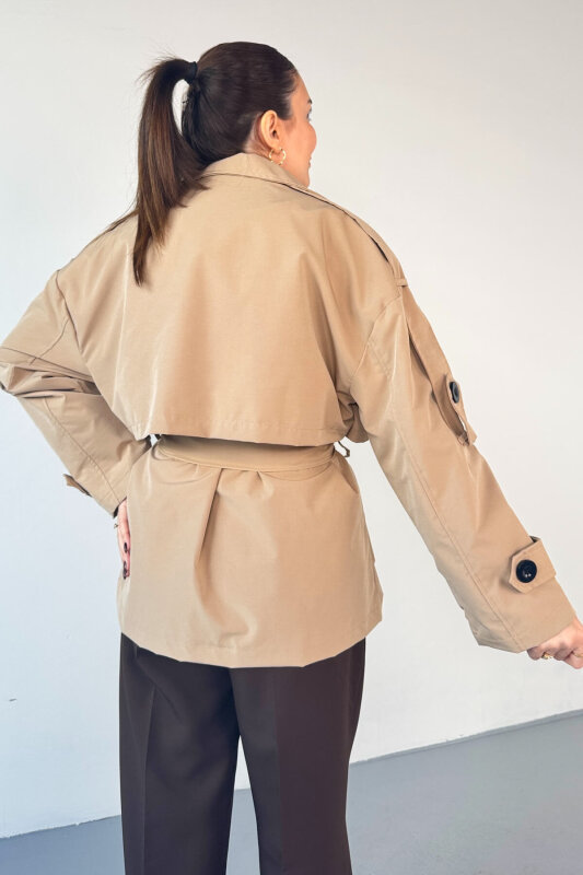 CKT-12457 Bej Omuz Dökümlü Astarlı Oversize Kuşaklı Midi Trençkot - 5
