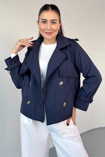 CKT-12458 Lacivert Modern Kesim Lamine Kumaş Kısa Trençkot 