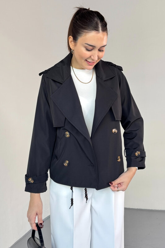CKT-12458 Siyah Modern Kesim Lamine Kumaş Kısa Trençkot - 3