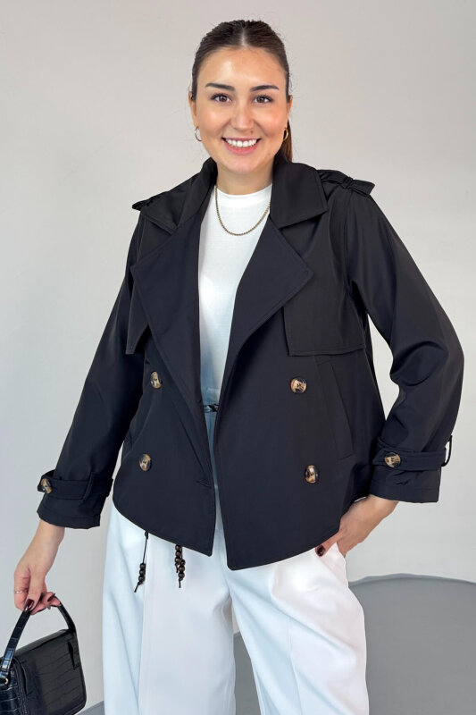 CKT-12458 Siyah Modern Kesim Lamine Kumaş Kısa Trençkot - 2