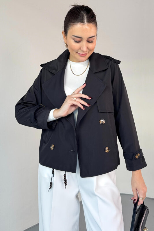 CKT-12458 Siyah Modern Kesim Lamine Kumaş Kısa Trençkot - 1