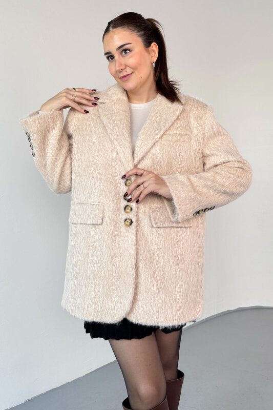 CKT-12460 Bej Kırçıllı Astarlı Oversize Ceket - 1