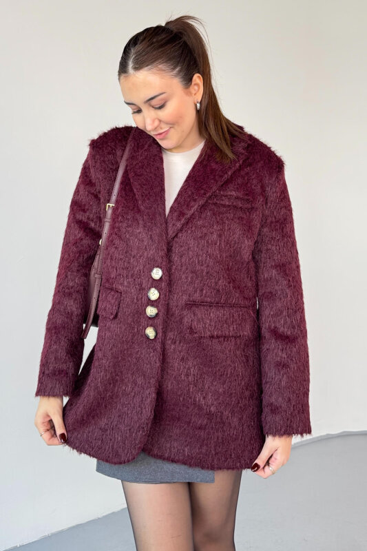 CKT-12460 Bordo Kırçıllı Astarlı Oversize Ceket - 1