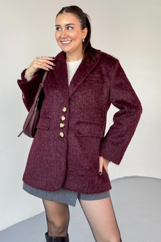 CKT-12460 Bordo Kırçıllı Astarlı Oversize Ceket - 2