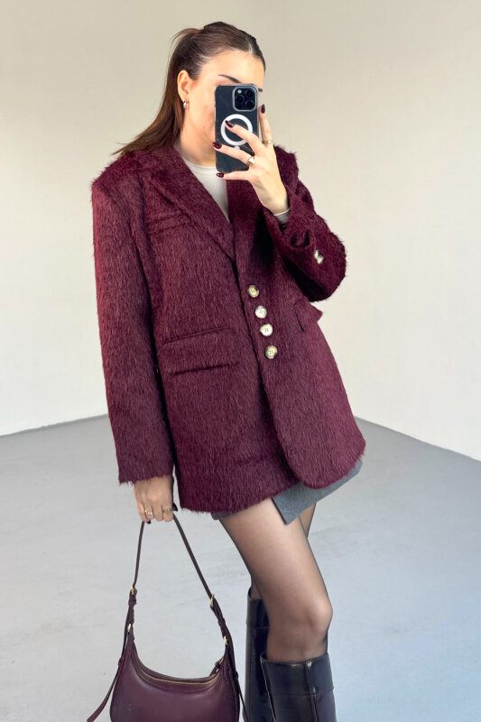 CKT-12460 Bordo Kırçıllı Astarlı Oversize Ceket - 3