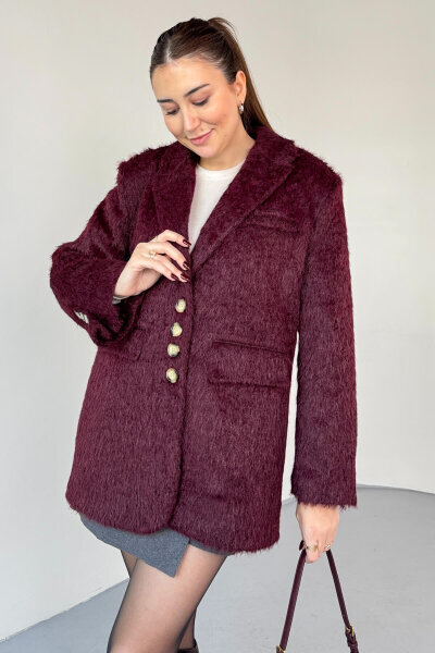 CKT-12460 Bordo Kırçıllı Astarlı Oversize Ceket - 5