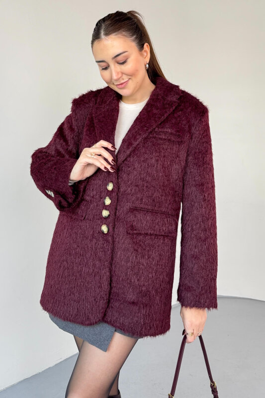 CKT-12460 Bordo Kırçıllı Astarlı Oversize Ceket - 5