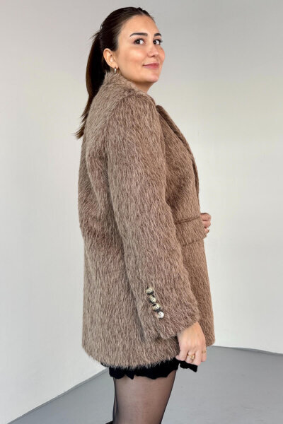 CKT-12460 Kahverengi Kırçıllı Astarlı Oversize Ceket - 4