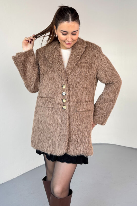 CKT-12460 Kahverengi Kırçıllı Astarlı Oversize Ceket - 5