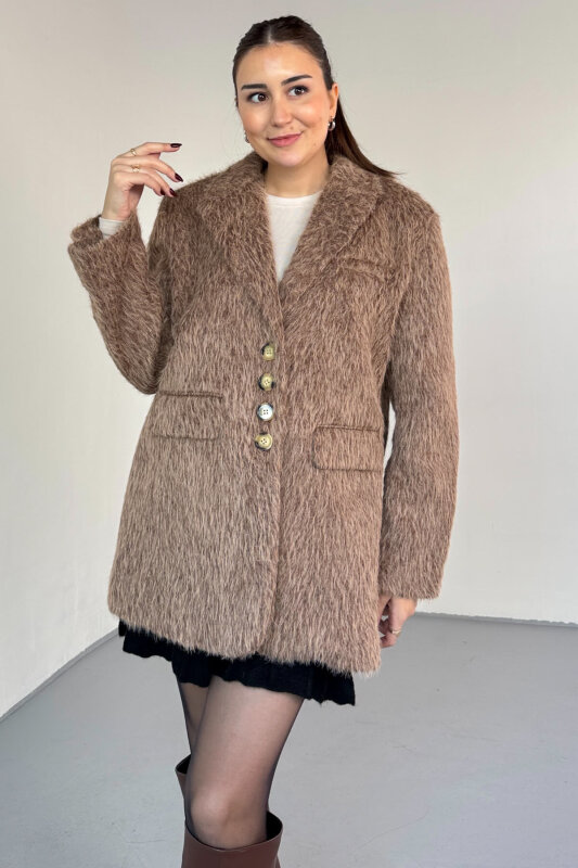 CKT-12460 Kahverengi Kırçıllı Astarlı Oversize Ceket - 6