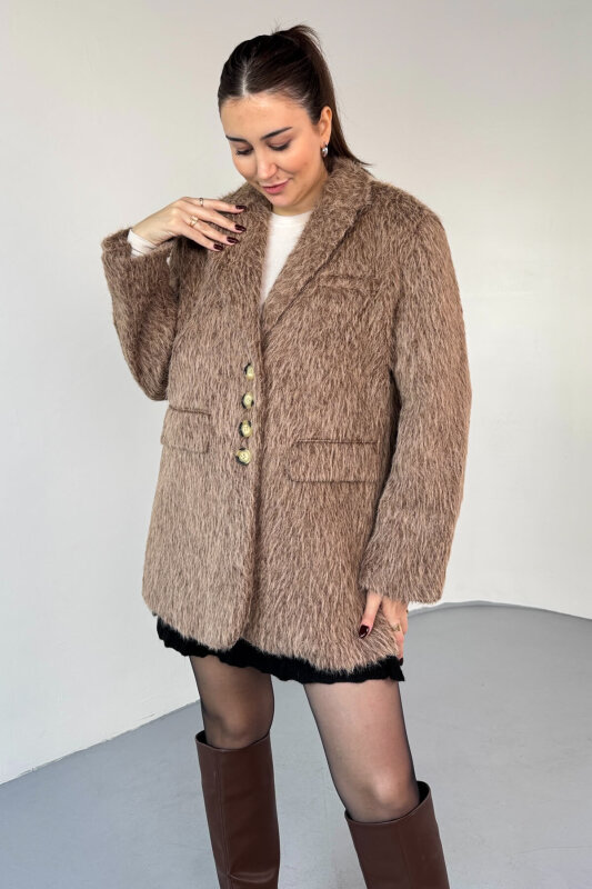 CKT-12460 Kahverengi Kırçıllı Astarlı Oversize Ceket - 1