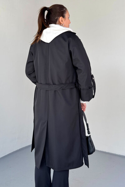 CKT-12461 Siyah Tasarım Katlama Kollu Kemerli Oversize Astarlı Trençkot - 4