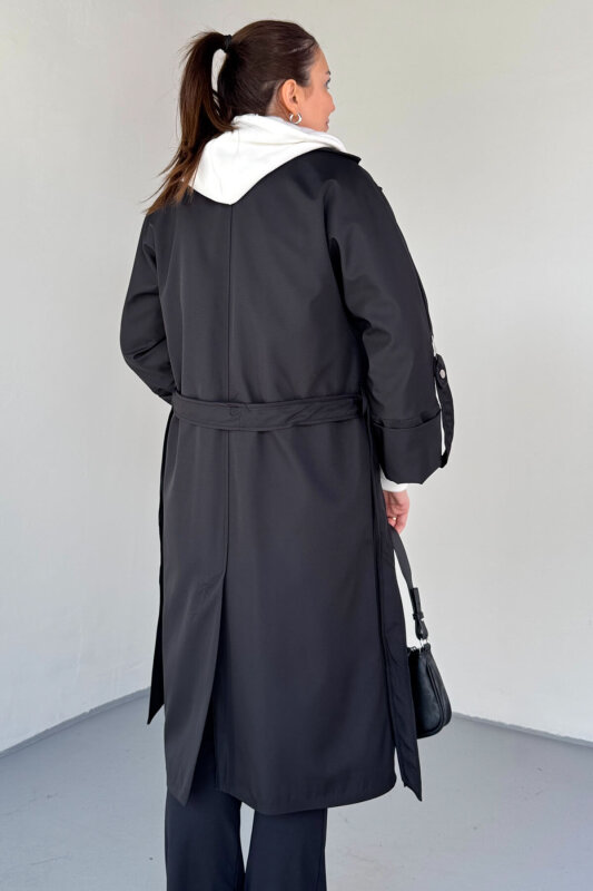 CKT-12461 Siyah Tasarım Katlama Kollu Kemerli Oversize Astarlı Trençkot - 4