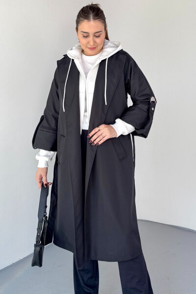 CKT-12461 Siyah Tasarım Katlama Kollu Kemerli Oversize Astarlı Trençkot 