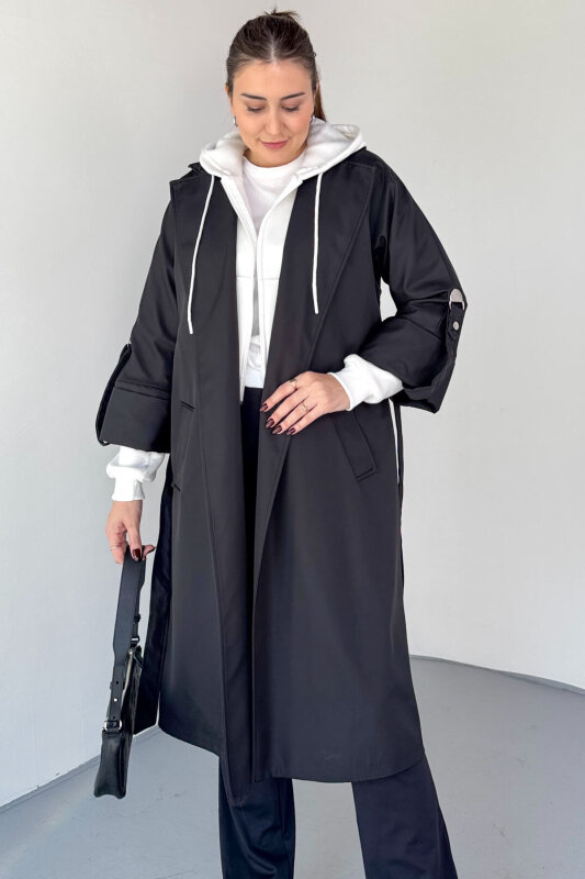 CKT-12461 Siyah Tasarım Katlama Kollu Kemerli Oversize Astarlı Trençkot - 1
